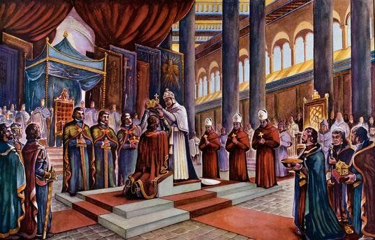 Папа Иоанн XII возлагает на голову Оттона I корону «римских императоров»